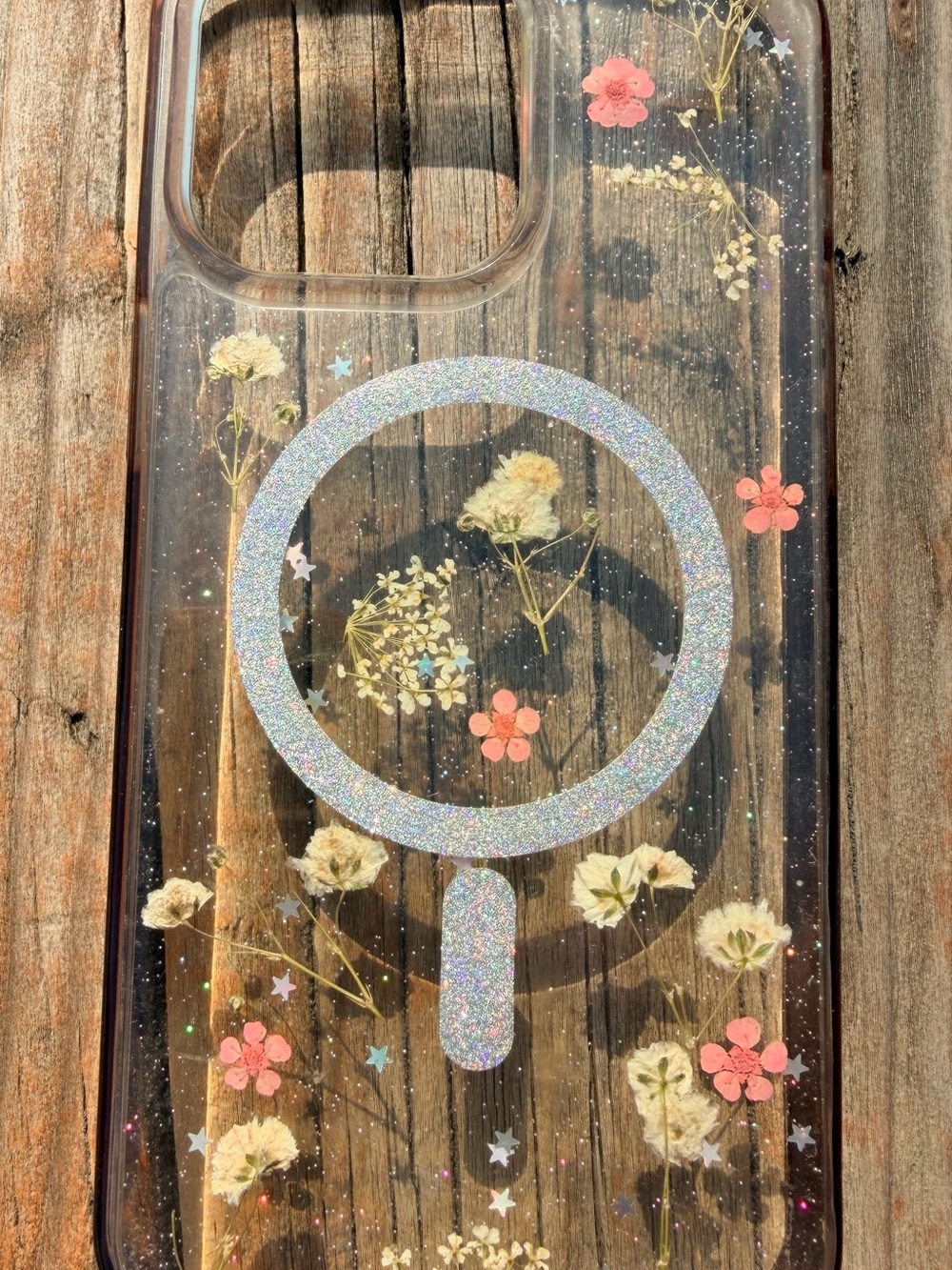 Clear Floral iPhone Case with Glitter Ring